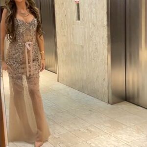 Terani Couture Glittering Silver and Cream Maxi Dress